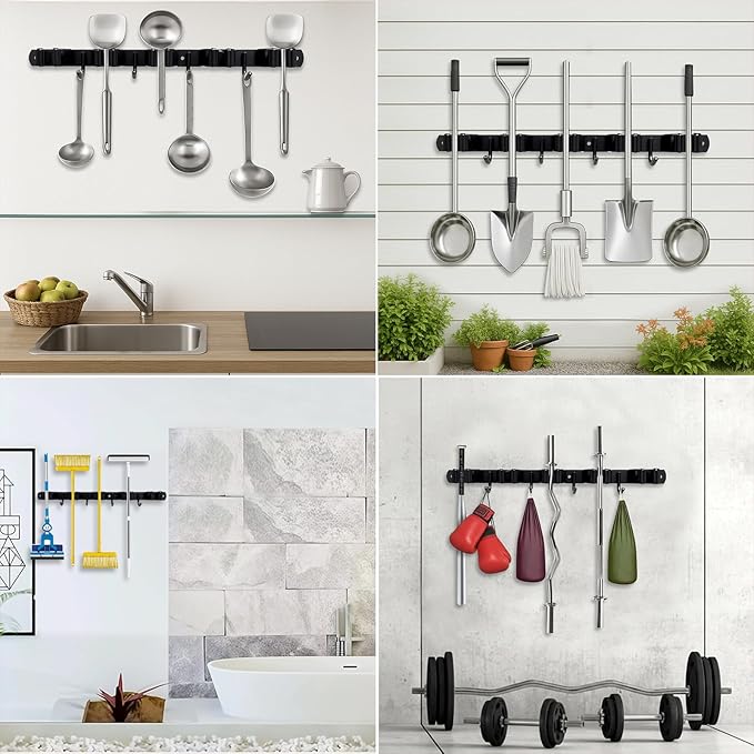 2 Packs 5 Racks and 4 Hooks Mop and Broom Holder Wall Mount, SUS304 Heavy Duty Broom Organizer Storage Tool Racks, Self Adhesive Solid Non-slip Tool Hangers for Home Kitchen Garden Laundry Garage