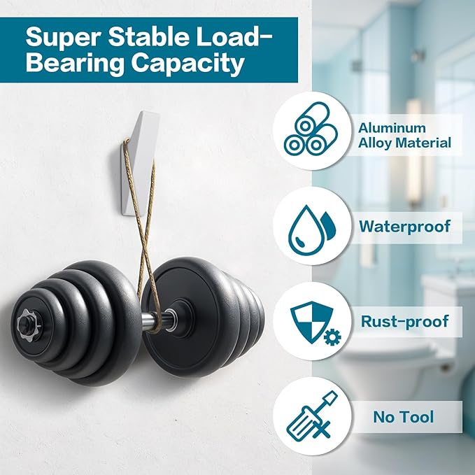 Heavy Duty Adhesive Hooks - No Drill Aluminum Alloy Wall Hooks for Bathroom, Kitchen, Tile & Glass, Waterproof Rustproof Bath Towel Hooks, Coats/Hats/Bags (4Pack)