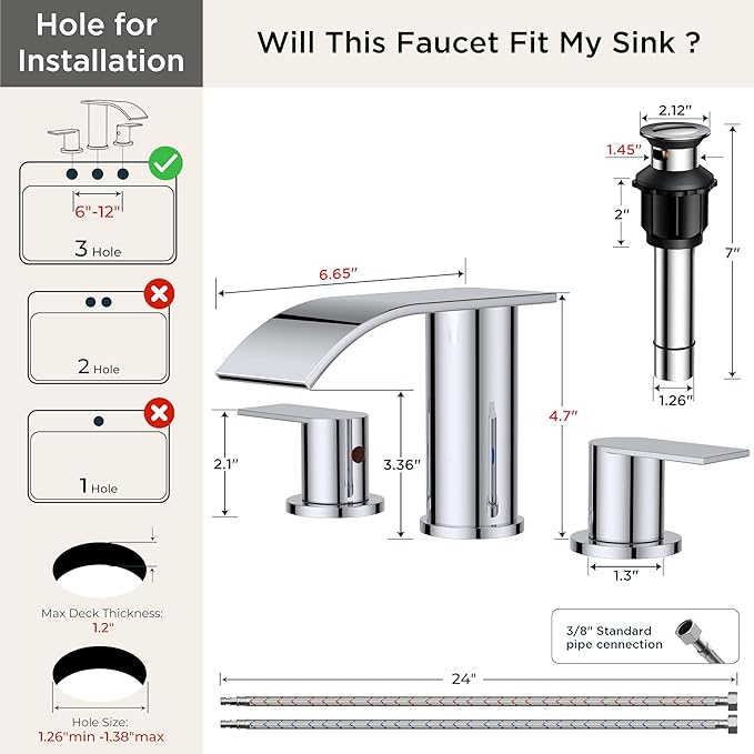 FORIOUS Upgrade Chrome Waterfall Bathroom Faucets 3 Hole, 8 Inch Widespread Modern Bathroom Sink Faucet with Metal Pop-up Drain and Supply Lines, Two Handles for Vanity, Farmhouse, Remodel