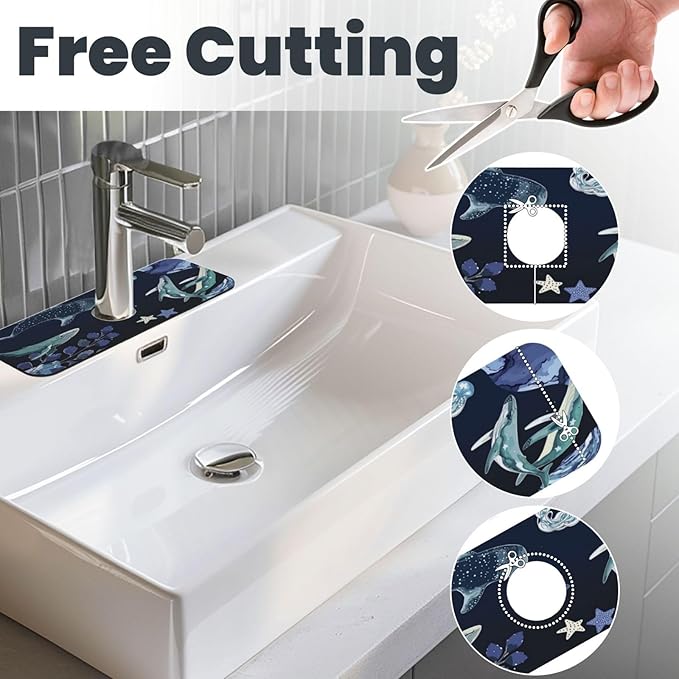 Whale Ocean Starfish 15" X 5.5" Kitchen Sink Splash Guard, Faucet Guard Draining Mat, Faucet Suction Pad For Kitchen Bathroom