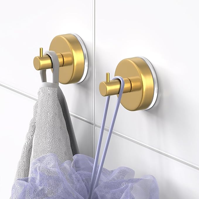 HUFEEOH Suction Cup Hooks for Shower, 2 Pack Wall Hooks Shower Towel Hook Towel Holder for Hanging, Removable Towel Suction Cup Hooks Bathroom Towel Hook for Towels (Gold)