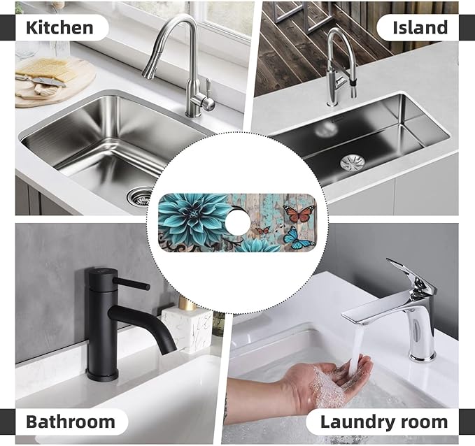 Blue Floral Butterfly 15" X 5.5" Kitchen Sink Splash Guard, Faucet Guard Draining Mat, Faucet Suction Pad For Kitchen Bathroom