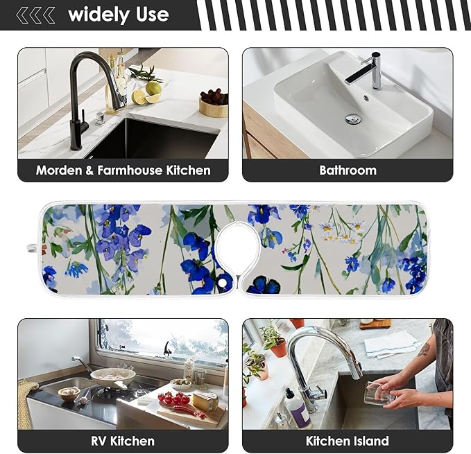 Sink Faucet Absorbing Mat Kitchen Sink Splash Guard Splash Faucet Drip Catcher for Bar RV Bathroom 2PCS 30x5.5in Dark Bluebonnet Cornflower
