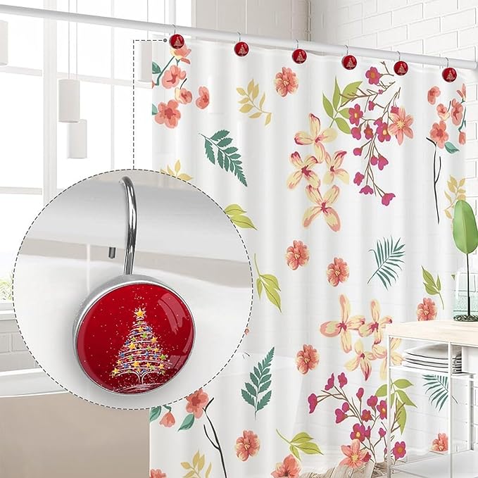 Christmas Tree Shower Curtain Hooks 12 Pcs, Rust Proof Glass Surface Stainless Steel Curtain Rings for Bathroom Bedroom Living Room Kitchen Home Shower Rods Decor