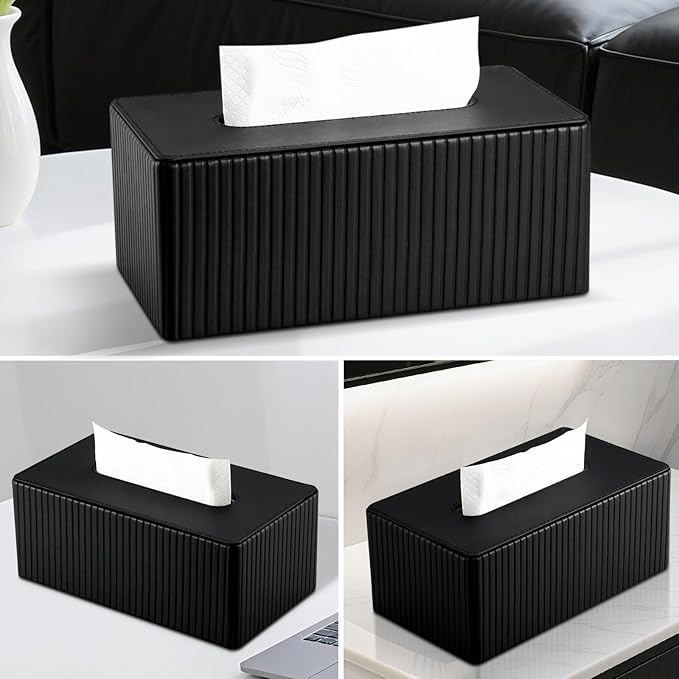 KINGFOM PU Leather Tissue Box Cover Rectangular Tissue Box Holder with Magnetic Bottom, Napkin & Facial Tissue Holder Dispenser for Home, Office (Decorative Pattern-PU Leather, Black Stripe)