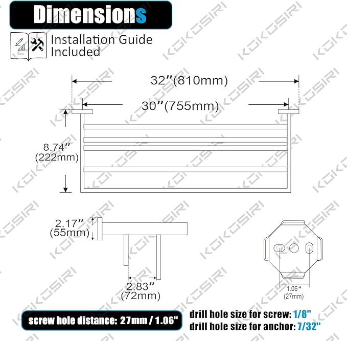 KOKOSIRI 32'' Towel Shelf Holder Bathroom Towel Rack with Two Bath Towel Bars Rails SUS304 Stainless Steel Wall Mount, Brushed Gold B6003BG-L32