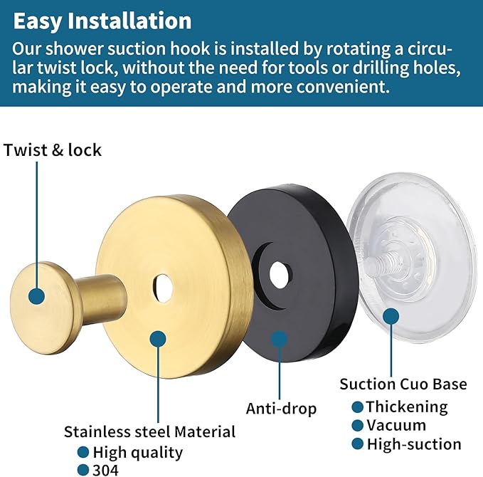 Suction Cup Hooks for Shower 2 Pack Stainless Steel No Drill Removable Waterproof Rustproof for Bathroom Kitchen Glass Mirror Tile to Hang Towels Robes Loofah Wreath (Brushed Gold)