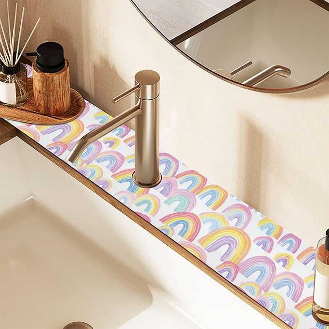 Kitchen Sink Splash Guard 1 PC 30 Inch Sink Faucet Mat Splash Guard for Bathroom Countertop Water Absorbent Foldable Cuttable Soft Washable Gradient Cute Rainbows