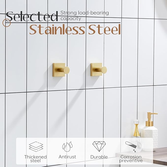 KOKOSIRI Robe Hooks for Wall Bath Towel Hook Holder for Door Shower Kitchen Closet Bathroom Accessories Brushed Gold Stainless Steel 2 Pack, B1016BG-P2