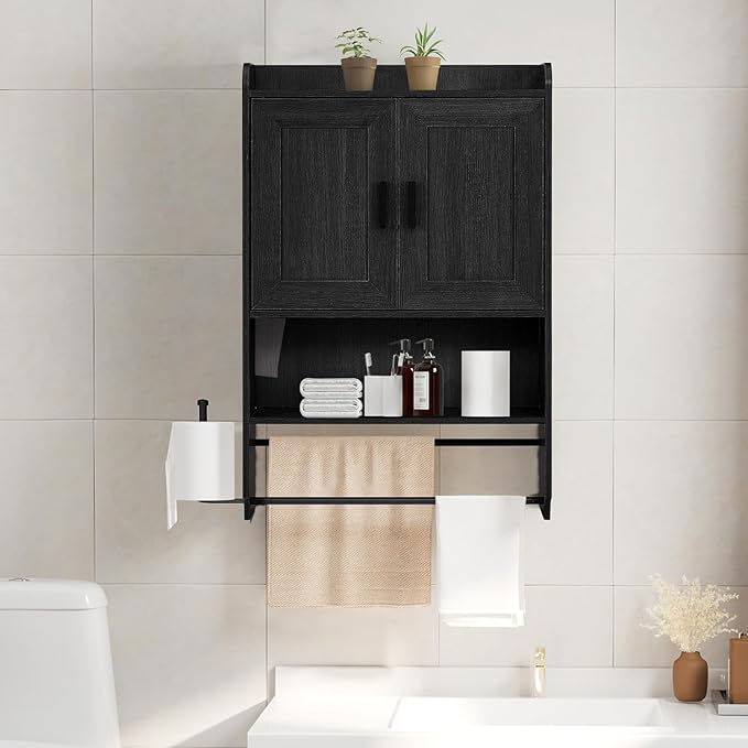Bathroom Wall Cabinet, Wooden Medicine Cabinet Over the Toilet with Adjustable Inner Shelf, Wall Mounted Cabinet with Doors for Bathroom Storage, Hanging Cabinet for Wall with Towels Bar (Black)