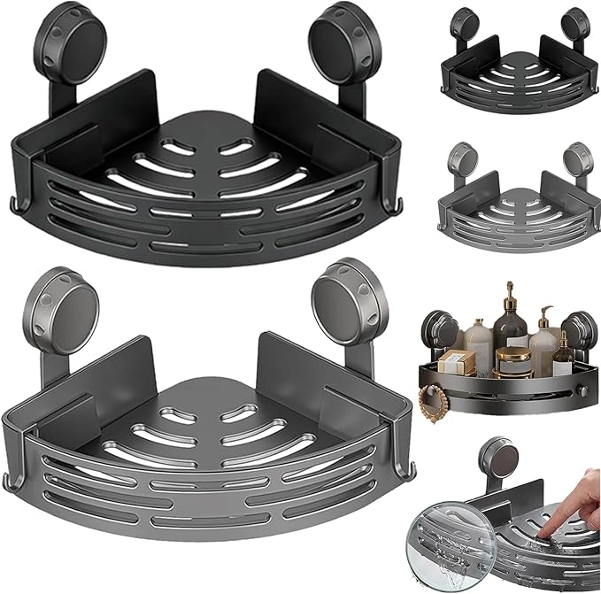 2026 New Suction Cup Corner Shower Shelf, No-Drill Bathroom Corner Shelf Strong, Waterproof Suction Cup, Bathroom Organizers and Storage Countertop for Bathroom Kitchen (Black+Grey)