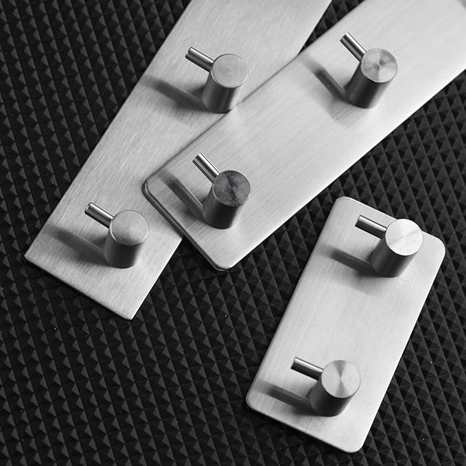 Self-Adhesive Brushed Nickel & Matte Black Towel Hooks - 2 Wall Mount Coat Hooks for Bathrooms & Showers