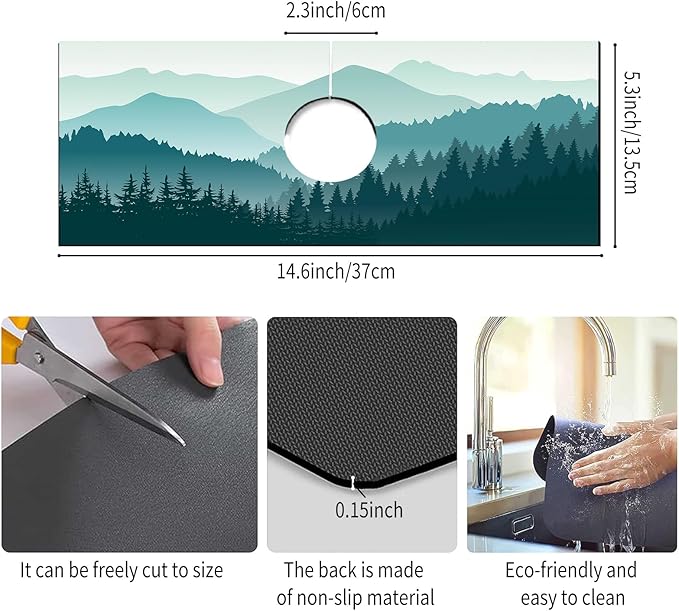 Absorbent Splash Guard Mat for Kitchen Sink, 15×5.5 Inch Cute Fast Drying Drip Catcher Behind Faucet Mat, Non-Slip, Washable Sink Mat Gadgets for Bathroom, Kitchen, Bar Blue Mountains