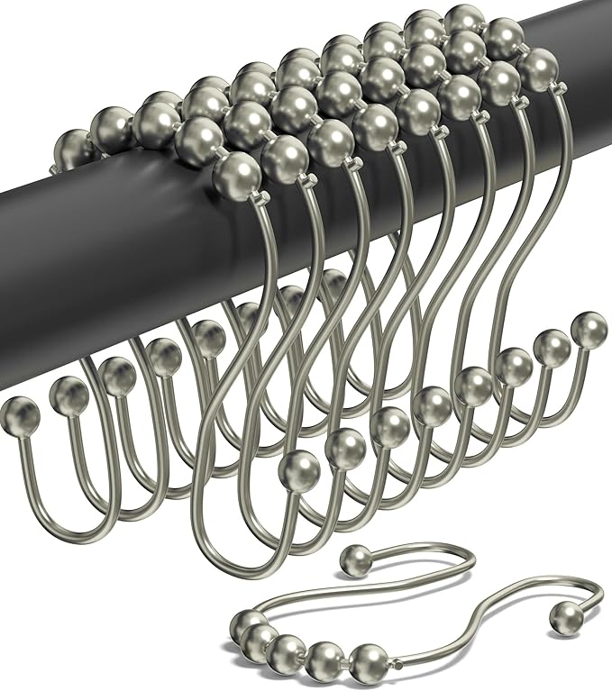 Shower Curtain Hooks Rust Proof (Set of 12) - Stainless Steel Shower Curtain Rings - Anti Slip Roller Balls for Easy Glide (Omega Double Hooks, Polished Nickel)