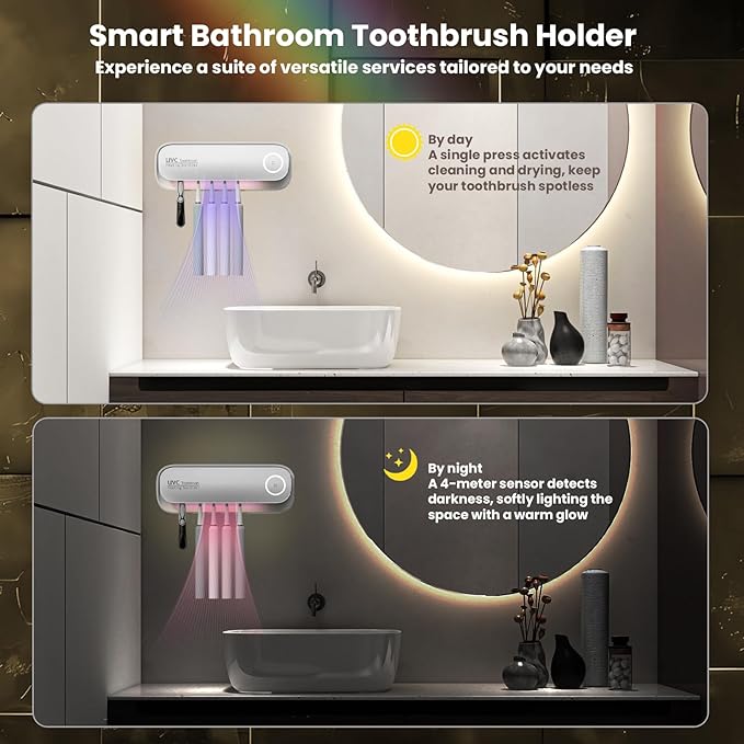 Smart Bathroom Toothbrush Holder, 5 Brush Slots Toothbrush Cleaner with Night Light & Fast Drying, Wall Mounted Rechargeable Toothbrush Organizer for Electric/Manual Toothbrushes (White)