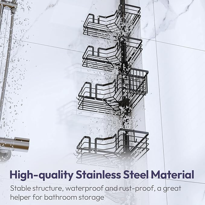 SWTYMIKI Shower Caddy Tension Pole - 4-Tier Corner Shower Organizer Tension Rod with Soap Holder, Toothbrush Holder & 4 Hooks, Adjustable Stainless Steel Bathroom Organizer 27.6 to 108.3 inch, Black