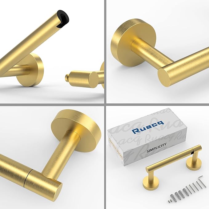 Ruacq Toilet Paper Holder Brushed Gold Double Post Pivoting Round Tissue Holders Roll Holder Hangers Toilet Paper Holders SUS 304 Stainless Steel Modern Wall Mounted