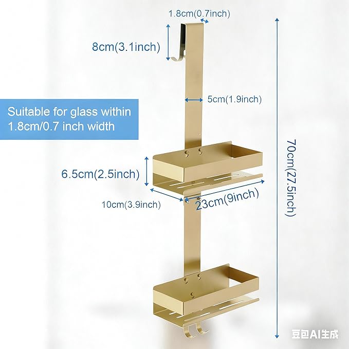 Gold Shower Caddy Over Shower Door - 2 Tier Hanging Shower Caddy Organizer No Drilling, Shower Storage Shelf for Indoor Shower, Bathroom, Bedroom, Kitchen