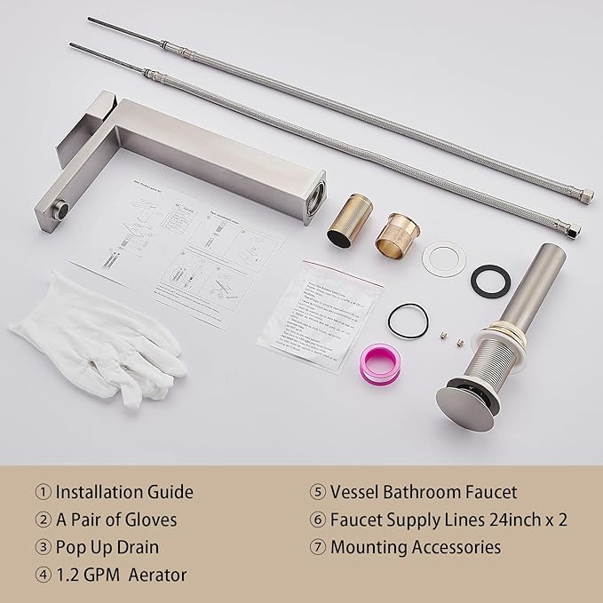 Vessel Sink Faucet, Brushed Nickel 1 Hole Single Handle Tall Bathroom Vanity Faucets, Modern Utility Rv Laundry Bath Restroom Mixer Tap with Metal Pop Up Drain and 2 Water Supply Lines