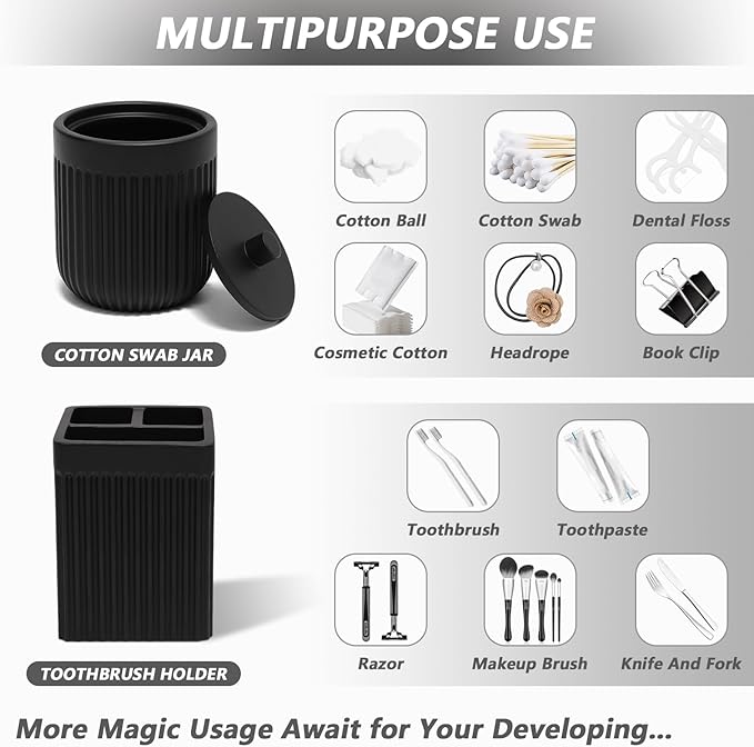 Resin Matte Black Bathroom Accessories Set 5 Pcs, Lotion Soap Dispenser, Toothbrush Holder, Bathroom Tumbler, Qtip Holder and Vanity Tray, Bathroom Countertop Organizer Set for Home Apartment