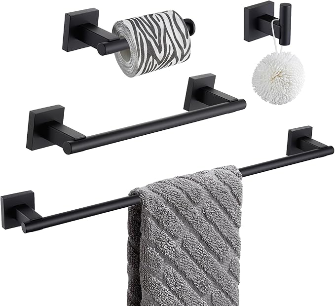 Suyar Bathroom Accessories Set, SUS 304 Stainless Steel Bathroom Hardware Set 4 PCS, Include Robe Hook, Toilet Paper Holder, Hand Towel Holder, Towel Bar, Matte Black