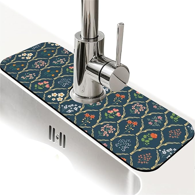 Faucet Draining Mat For Kitchen Sink, Floral Wildflower Dark Green Diatom Mud Absorbent Drain Pad For Bathroom Kitchen Sink Splash Guard Drying Mat