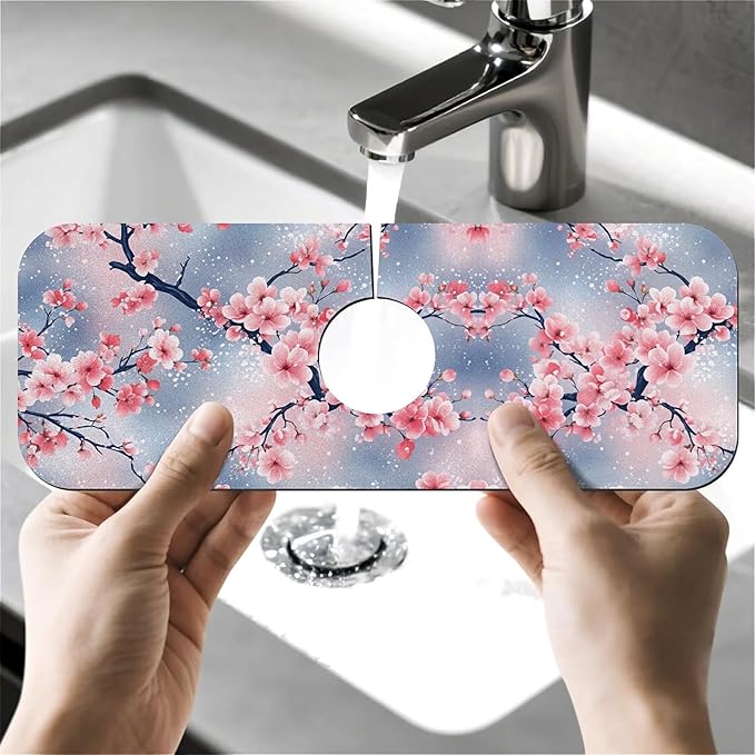 Faucet Draining Mat For Kitchen Sink, Japanese Pink Cherry Blossoms Diatom Mud Absorbent Drain Pad For Bathroom Kitchen Sink Splash Guard Drying Mat