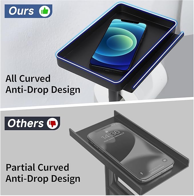 Toilet Paper Holder Stand with Phone Shelf, Rustproof Free Standing Toilet Paper Stand for 4 Rolls, Toilet Roll Dispenser Storages for Phones, Wipe, Wallet and Small Items, Black