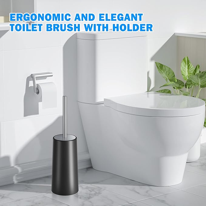 Toilet Brush and Holder, Toilet Brush with 304 Stainless Steel Long Handle, Toilet Bowl Brush for Bathroom Toilet-Ergonomic, Elegant,Durable（Black）