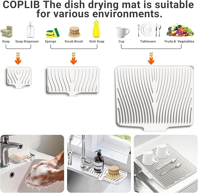 Silicone Dish Drying Mat for Kitchen Counter, Dish Drying Pad, Non-Slip Drain Pad with Built-in Drain, Heat Resistant Stone Drying Mat, Cream-1Set