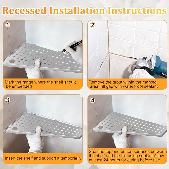 12" Corner Shower Shelf 2-Pcs, Rustproof 304 Stainless Steel Corner Shower Shelves with Razor Holder Slot Design Recessed Bathroom Shower Shelf for Tiled Wall (Brushed Silvery)