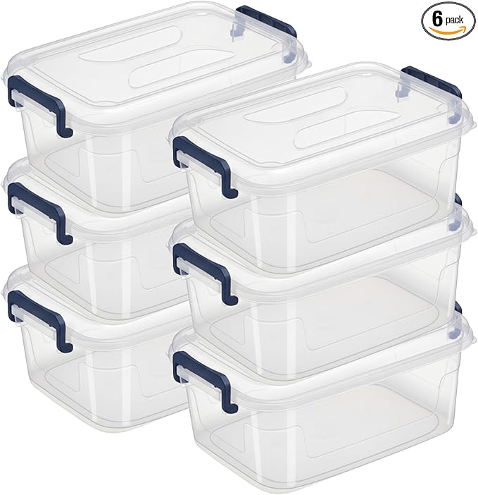 Tribello Small Storage Bins with Lids, 6-Pack Stackable Plastic Containers for Home Organization – Clear Totes for Closet and Underbed Storage, 5 Quarts