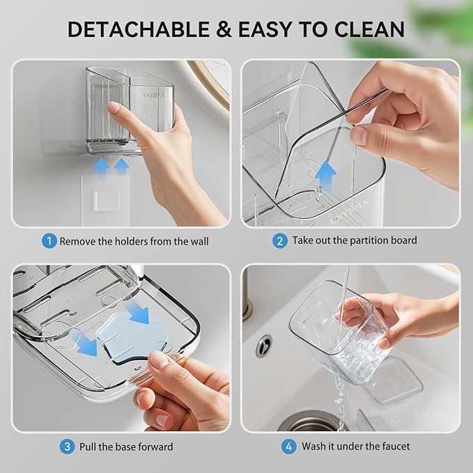 Toothbrush Holders for Bathrooms, 3 Slots Detachable Electric Toothbrush Holder Wall Mounted with Divider, Removable Tooth Brush and Toothpaste Holder Organizer for Bathroom/Kitchen/Office