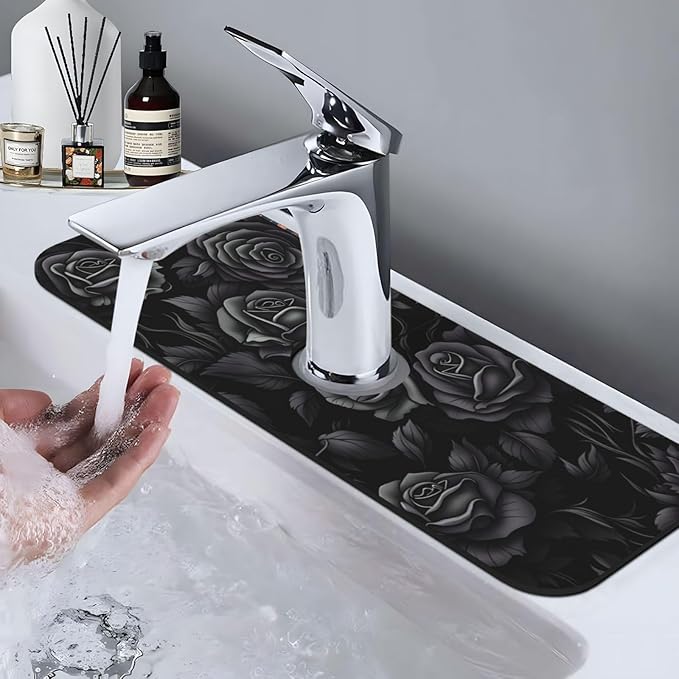 Black Rose Floral 15" X 5.5" Kitchen Sink Splash Guard, Faucet Guard Draining Mat, Faucet Suction Pad For Kitchen Bathroom