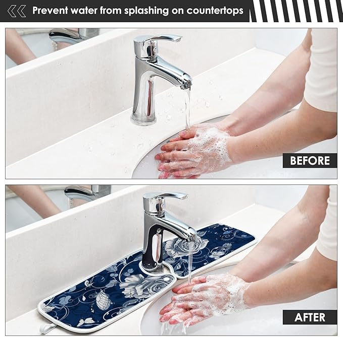 2 PCS Kitchen Sink Splash Guard 30 Inch Faucet Mat for Kitchen Sink Bathroom Sink Faucet Absorbing Drip Drain Mat Pad Microfiber Soft Washable Navy Blue Roses and Butterflies