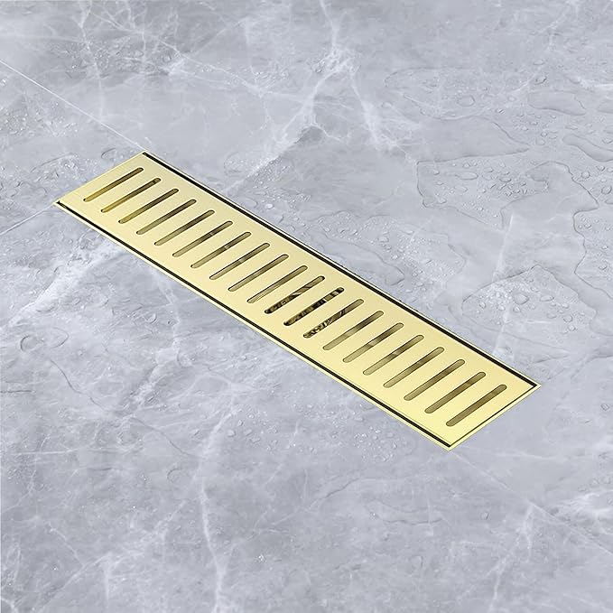 12 Inch Linear Shower Drain Bathroom Kitchen Golden Floor Drain Removable Capsule Pattern Cover Accessories Shower Drain 304 Stainless Steel Drain with Hair Strainer Adjustable Leveling Feet