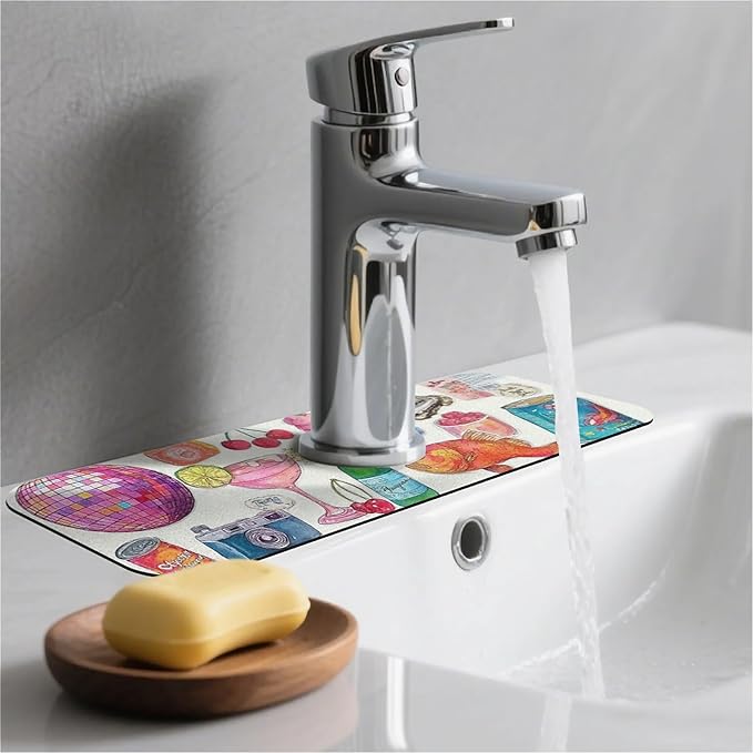 Kitchen Sink Splash Guard，Watercolor cartoon Faucet Mat Sink Gadgets-Super Absorbent Fast Drying Mat Drip Catcher for Kitchen, Bathroom,Sink Mat, Dish Drying Mat, Bathroom(15" X 5.5" )