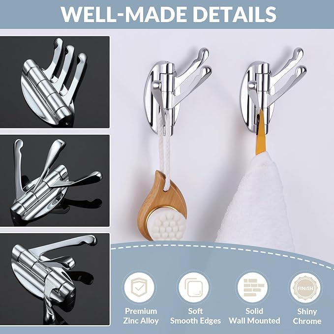 APLusee Swivel Chrome Robe Hook 2 PCS, Metal Foldable Towel Holder with Triple Rotating Arms, Heavy Duty Bathroom Kitchen Coat Hanger Wall Mounted