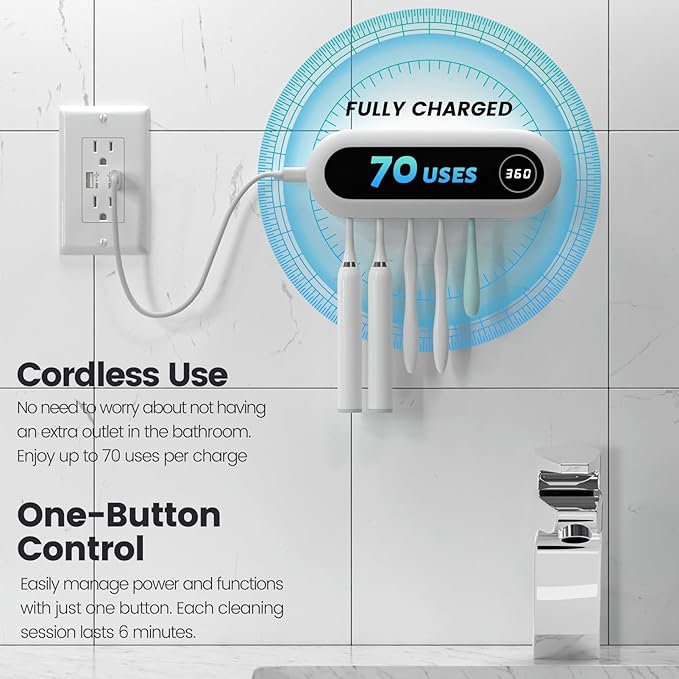MIMORE Toothbrush Holder, 5 Toothbrush Slots & Timer Function, Cordless Wall Mounted Toothbrush Holders for Bathrooms