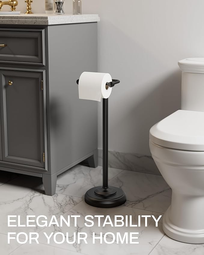 Freestanding Toilet Paper Holder Stand - Rustproof 304 Stainless Steel with Heavy Duty Weighted Base (4.8lbs), 22" Height Pivot Arm Tissue Roll Dispenser, Fits Mega Rolls - Matte Black