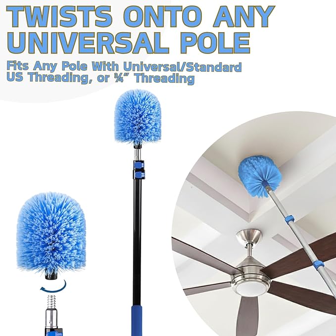 2 Pack Screw on Webster Cobweb Duster Head for Pole,Spider Web Remover Brush, Cobweb Duster Head Attachment,Fits Standard 3/4 inch Threaded Poles(Big Keeps Its Shape, Blue)