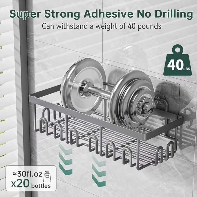 5-Pack Adhesive Shower Caddy, Rustproof Stainless Steel Organizer for Bathroom Storage with Large Capacity, No Drilling Bathroom Caddy with Soap Toothbrush Holder for Kitchen Home Grey