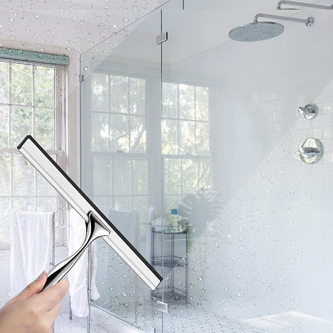 Shower Squeegee for Shower Doors, Window, Bathroom, Mirror and Car Glass, All-Purpose Cleaning Squeegee with Powerful Suction Cup Hooks Holder – Stainless Steel, 10 Inches. (Silver)