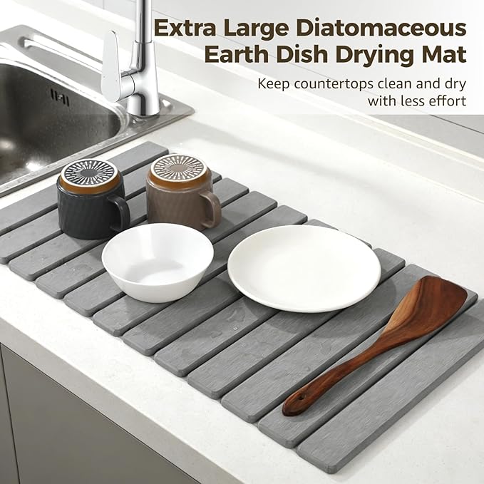 Extra Large Diatomaceous Earth Stone Dish Drying Mat with Anti-Slip Mesh and Dishcloth - Absorbent Quick Dry Drying Mat, Foldable Drying Mat with Grooves for Dishes Cups, 28 x 16 in