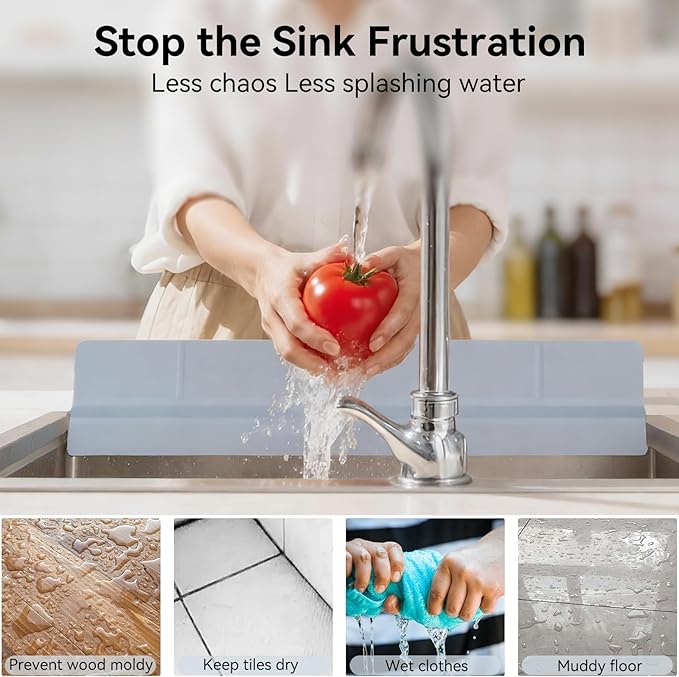 23" Kitchen Silicone Sink Water Splash Guard - Non Slip Suction Sink Splash Protector with Ramp Design for Kitchen Island & Bathroom, Dishwasher Safe, Grey