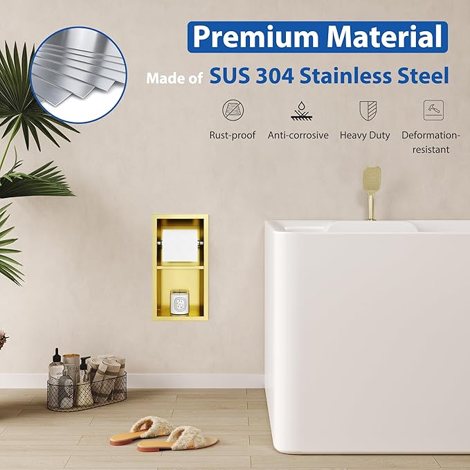 Recessed Toilet Paper Holder, 304 Stainless Steel Bathroom Toilet Paper Holder with Storage, in Wall Tissue Toilet Roll Holder, Brushed Golden