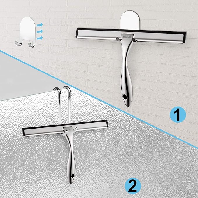 Ibergrif M34101 Shower Squeegees, Silicone Window Squeegee, Shower Cleaner for Window, Glass, Shower Door, Car Windshield, Include Shower Hooks, Stainless Steel