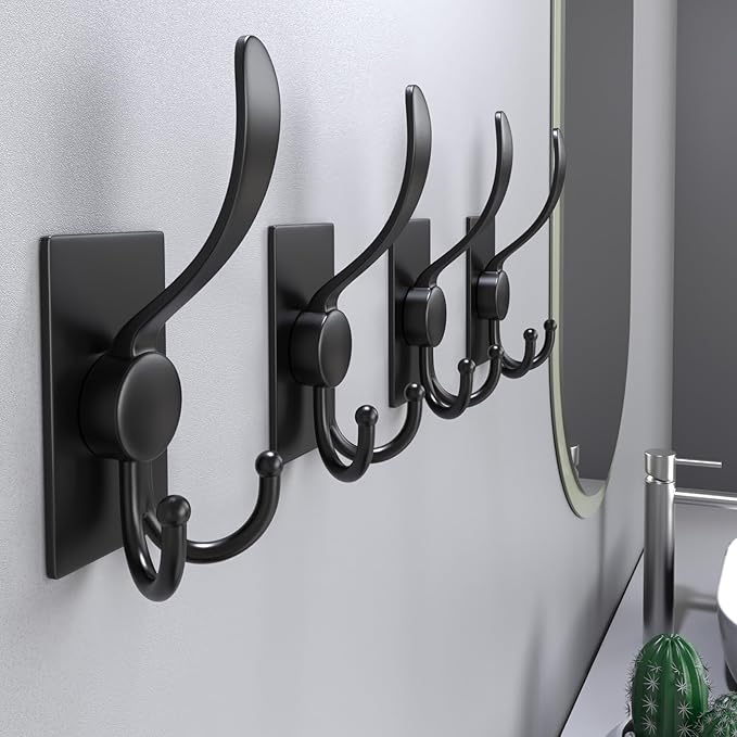 PMMASTO Adhesive Towel Hooks Heavy Duty Wall Hooks Stainless Steel Stick on Door Hooks for Hanging Coat, Hat,Towel Robe Hook - Bathroom/Kitchen (Black - 2 Pack)