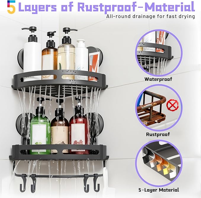 Corner Shower Caddy Suction Cup Shower Shelf Corner No Drilling Bathroom Shower Organizer Storage Rack Suction Cup Type with Towel Bar Hooks (Shower Caddy)