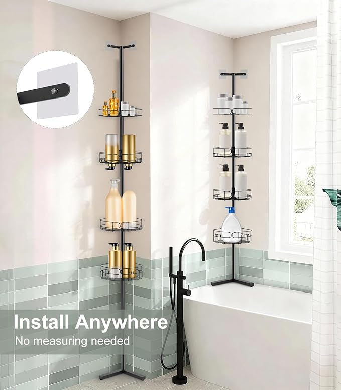 Corner Shower Caddy Tension Pole, Sturdy Rust-Resistant Shower Corner Shelf Organizer, Shower Organizer Corner Universal Fit for Any Bathroom Height
